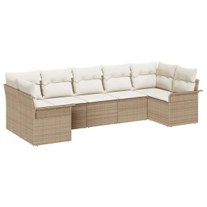Beiges 7-teiliges vidaXL Garten-Sofa-Set aus Poly Rattan mit Kissen.