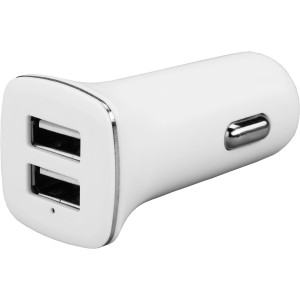 Weißer USB-Adapter für Zigarettenanzünder zum Aufladen mobiler Geräte im Auto.