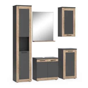 Vicco Badmöbel-Set Niko, Anthrazit/Eiche, Komplettset mit Hoch-, Hänge-, Midi- und Waschbeckenunterschrank sowie Spiegel.