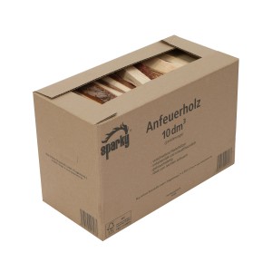 Sparky Anzündholz im Karton, 10 dm³, aus Nadelholz, gebrauchsfertig und unbehandelt.