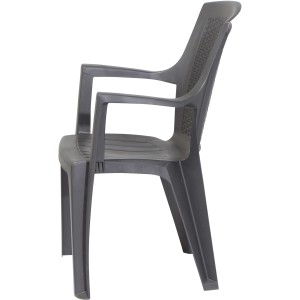 Anthrazitfarbener Progarden Stapelsessel Eden mit Armlehnen und Geflechtoptik im Rücken.