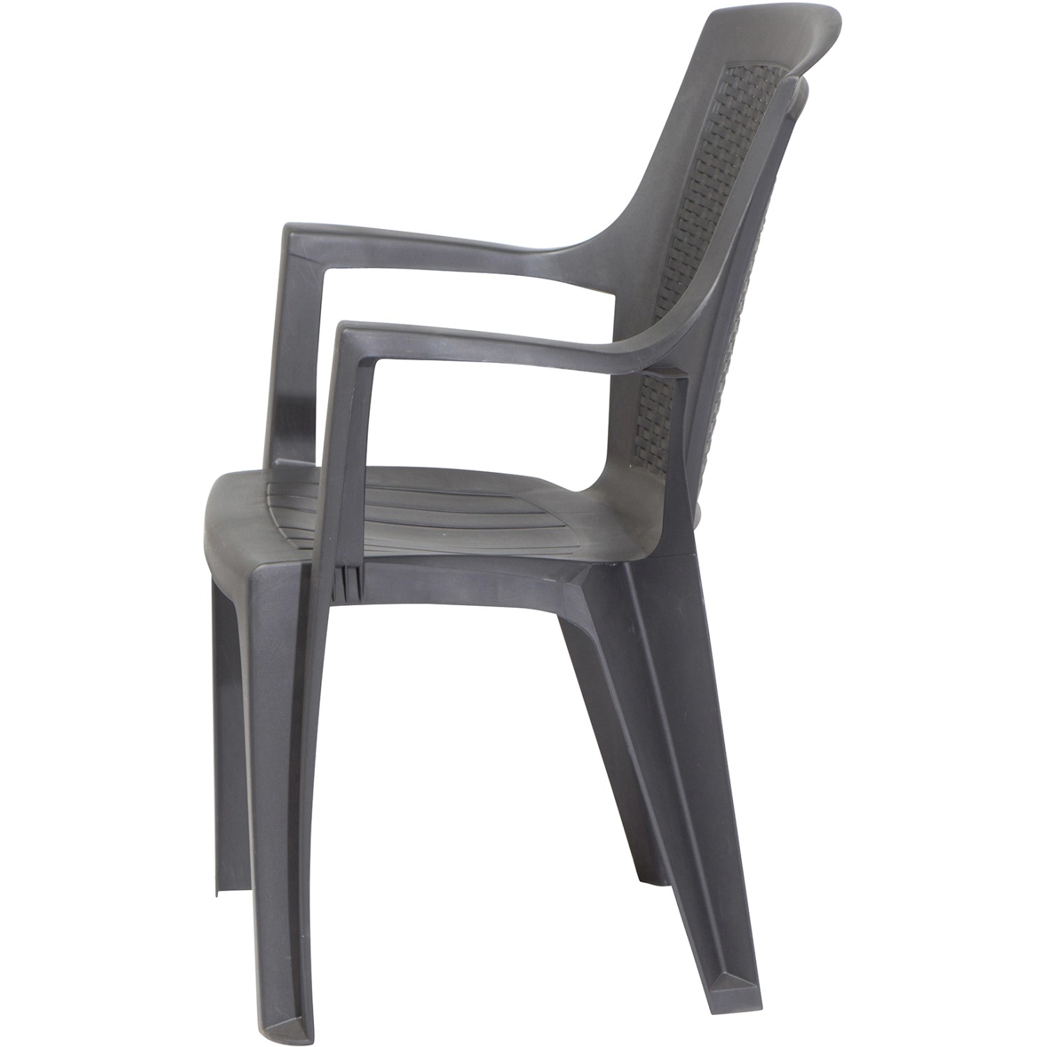 Anthrazitfarbener Progarden Stapelsessel Eden mit Armlehnen und Geflechtoptik im Rücken.