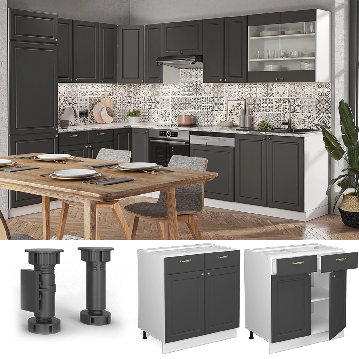 Vicco Küchenunterschrank Fame-Line in Anthrazit-Gold/Weiß mit AP Eiche Dekor, 80 cm breit.