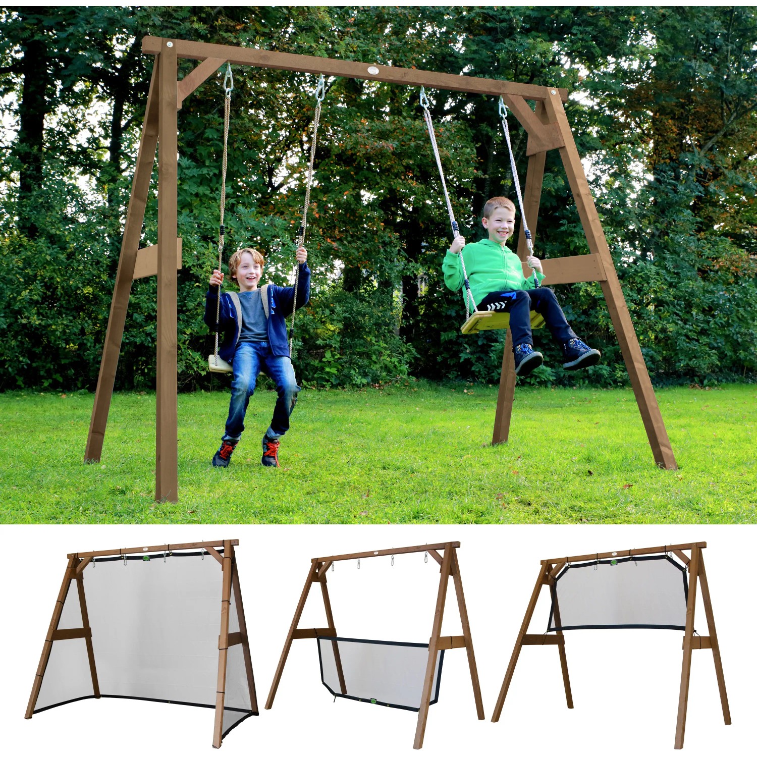 Axi 4-in-1 SportsFun Schaukel mit 2 Kindern und Netzen für Fußball, Tennis, Volleyball und Badminton.