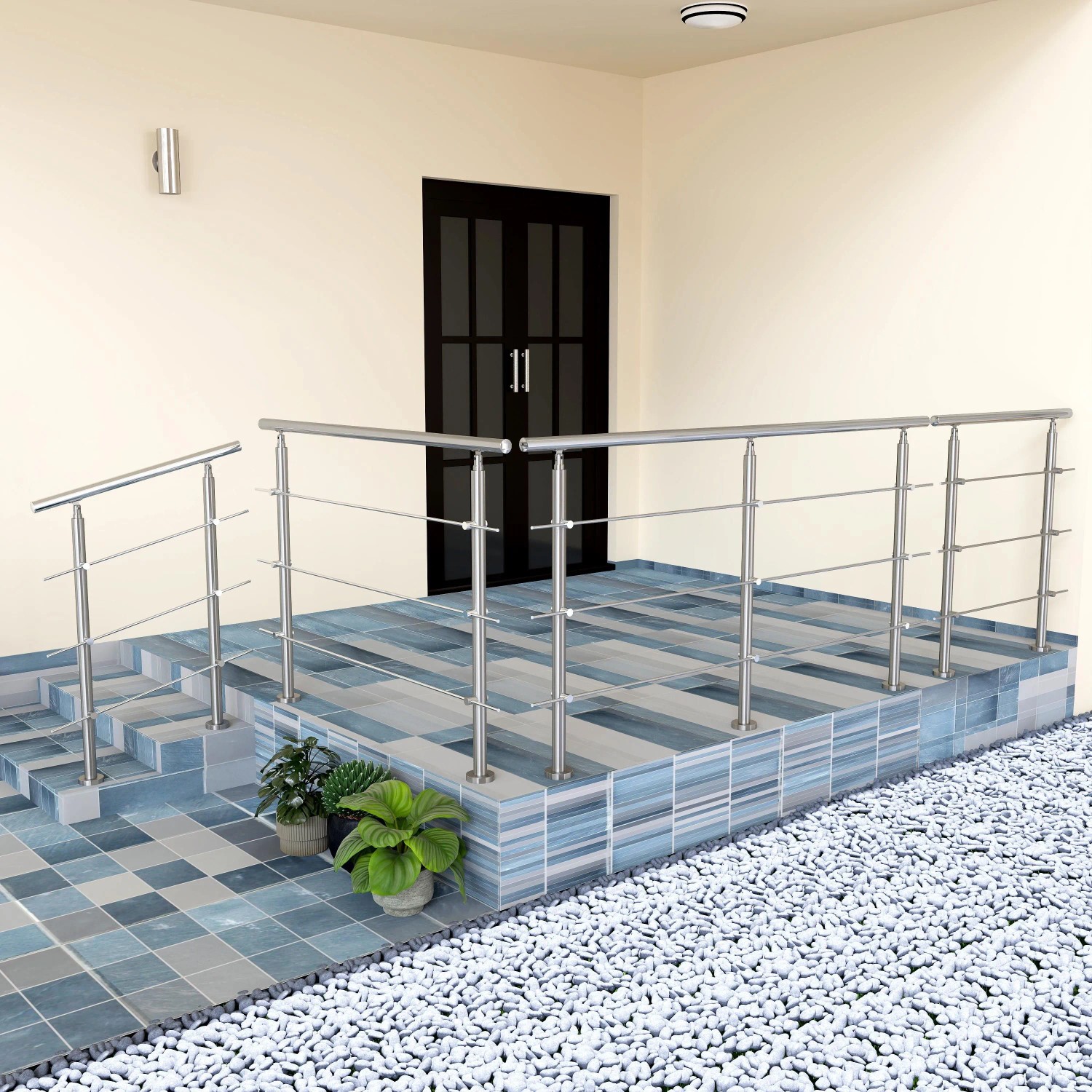 Edelstahl Geländer 180 cm mit 3 Querstäben für Treppen und Außenbereich. Modernes Design, gebürstete Oberfläche.