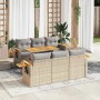 Beige 7-tlg. Garten-Sofagarnitur aus Rattan mit Kissen und Akazienholz-Akzenten.