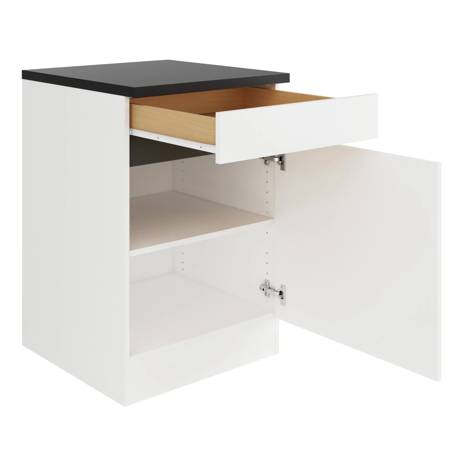 Optifit Unterschrank Luca932, 60 cm, weiß/anthrazit, mit Schublade und Tür geöffnet.