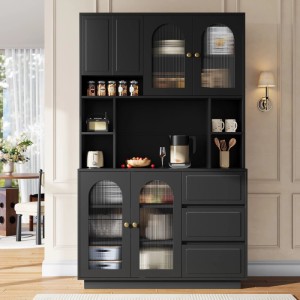 PXloue Hochschrank Küchenbuffet 175 cm Schwarz mit LED Beleuchtung und Schubladen