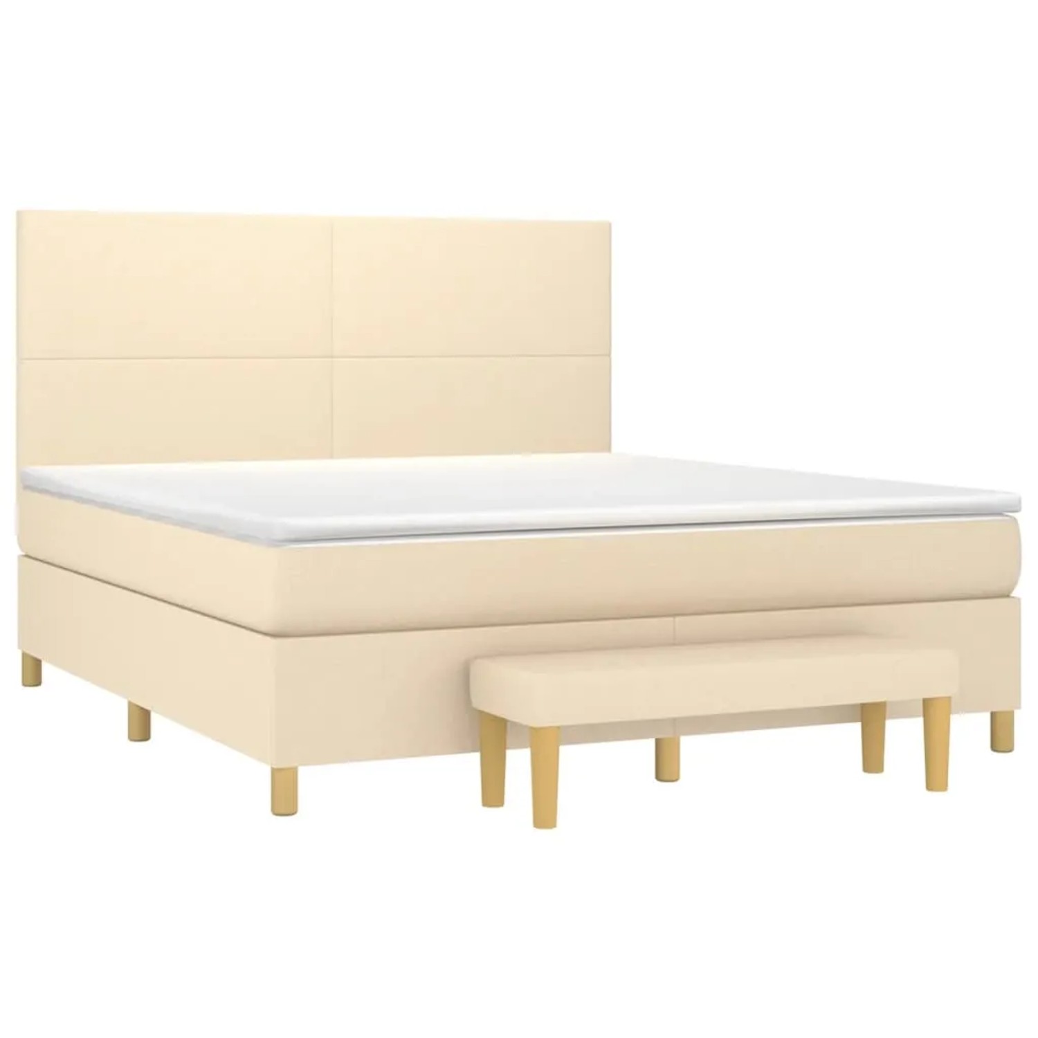 Cremefarbenes Boxspringbett (180x200 cm) mit Matratze, Auflage und Bank. Stoffbezug.