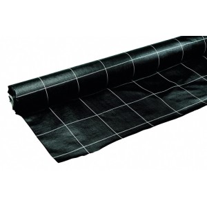 GartenLand Schutzvlies, 200cm breit, schwarz, aufgerollt mit weißem Raster.