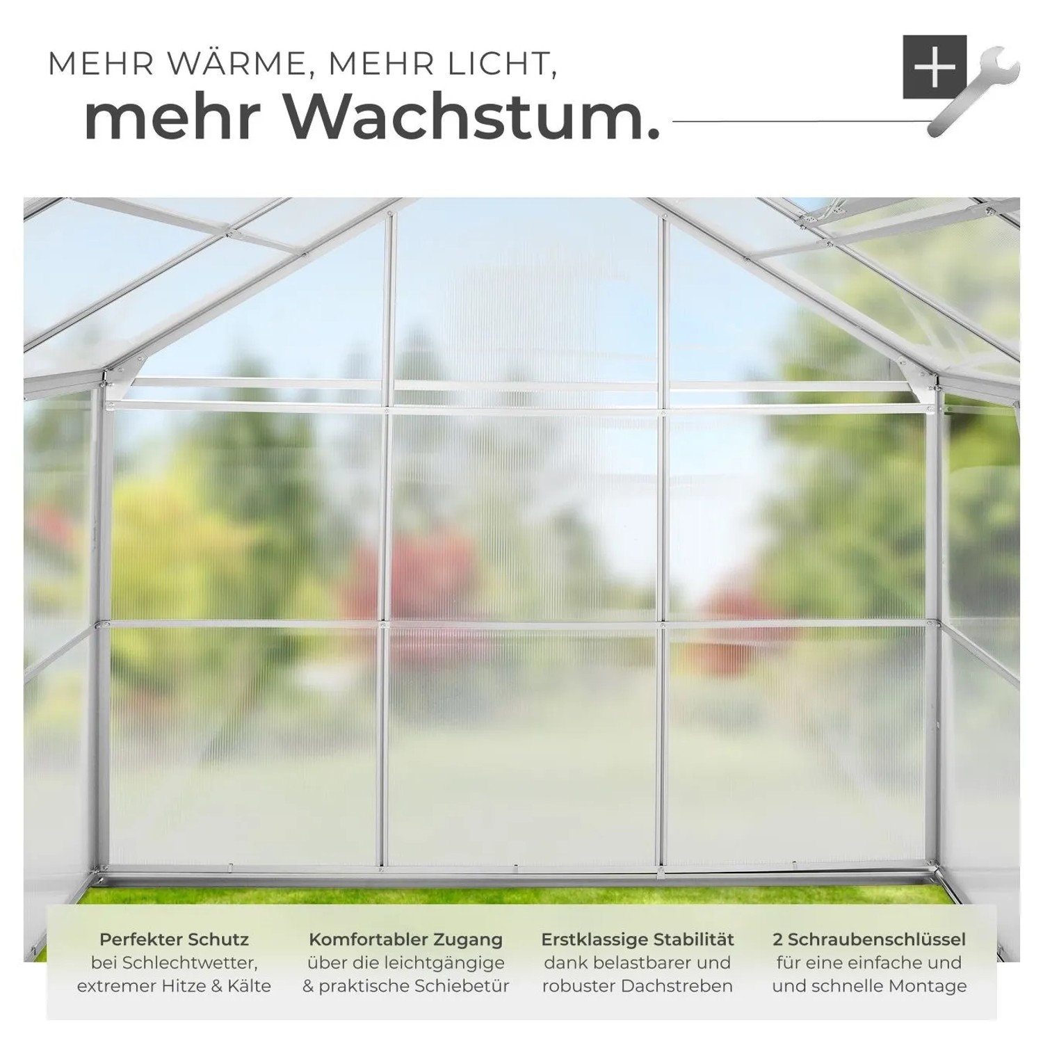 Geräumiges Tectake Gewächshaus, Innenansicht. Transparente Wände, stabiler Aluminiumrahmen. Ideal für Pflanzen, mit Schiebetür.