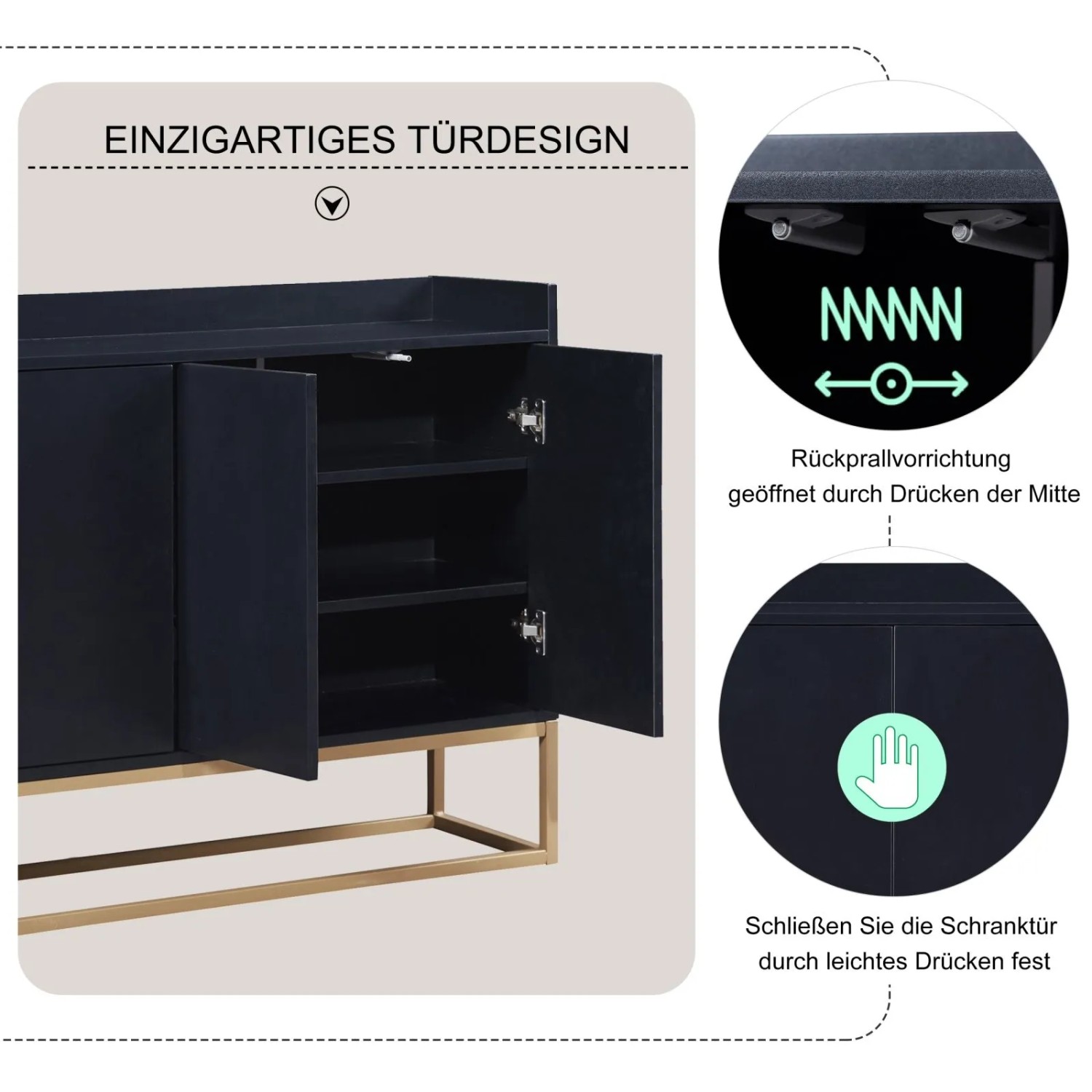 Schwarzer Buffetschrank/Sideboard mit 4 Türen und griffloser Öffnung für Ess- und Wohnzimmer.