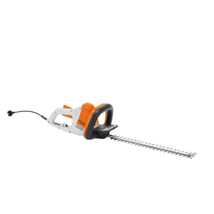 Stihl Elektro-Heckenschere HSE 42, weiß-orange-grau, mit langem Schneidmesser für Hecken und Sträucher.
