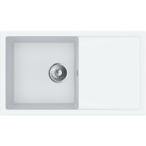 Weiße Miló Einbauspüle Blissano aus Granitverbundstoff, eckiges Design mit Abtropffläche.