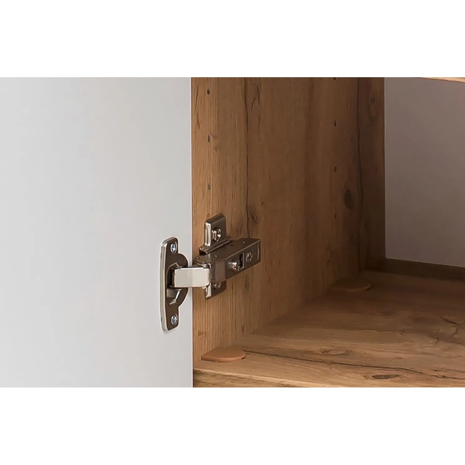 Detailaufnahme: Held Möbel Unterschrank Salerno, 40 cm, matt Weiß-Wotaneiche, Scharnier sichtbar.