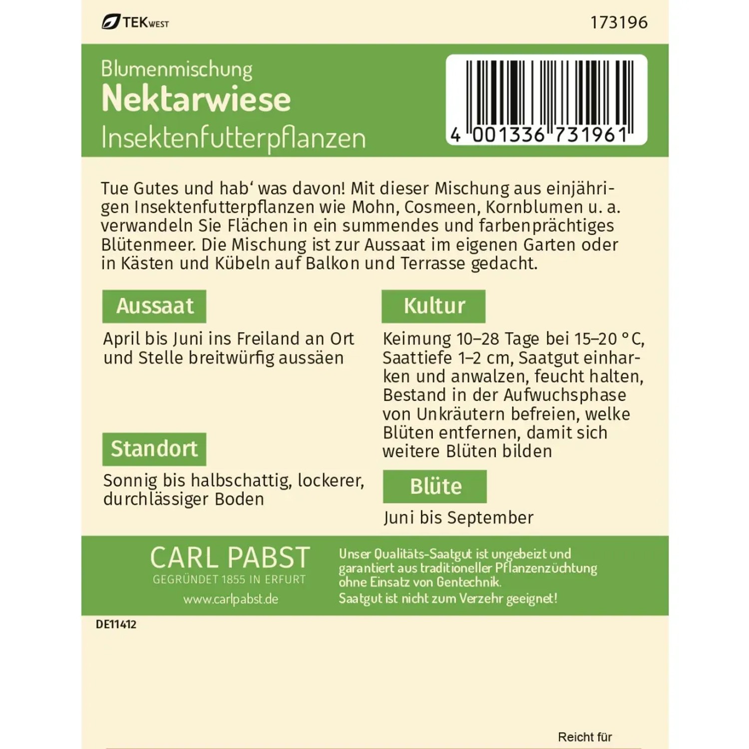 Pabst Keimkraft Nektarwiese Saatgut für Insektenfutterpflanzen, Blumenmischung für ca. 5 m².