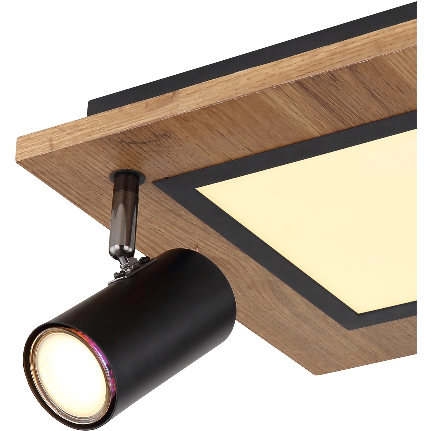 Globo LED-Deckenleuchte Ulla, 3-flammig, schwarz matt mit Holzoptik und warmweißem Licht.