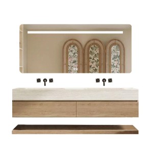 Wandhängendes Doppelwaschbecken Set 140 cm Travertin Optik mit Unterschrank, LED-Spiegel und Ablage.