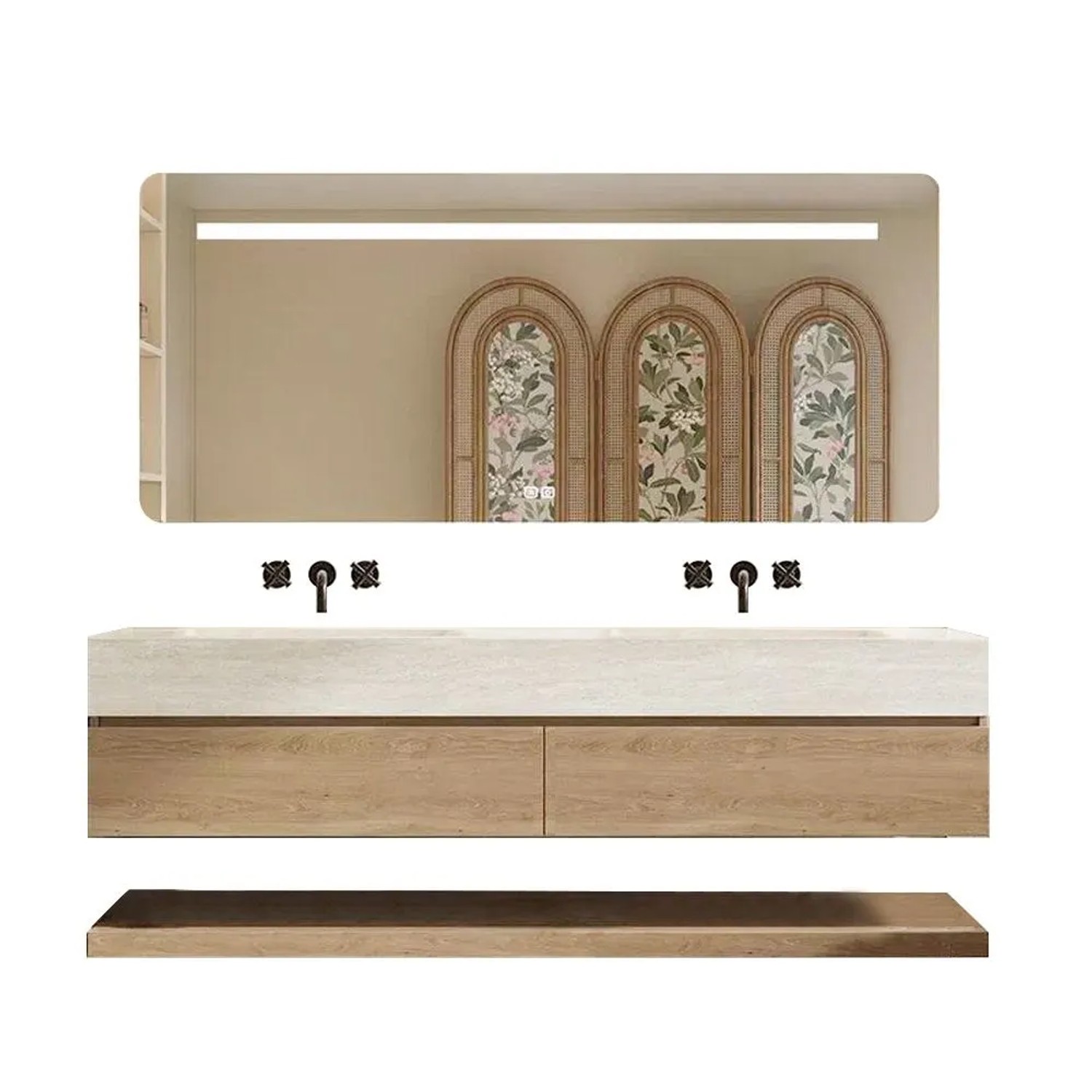 360Home Wandhängendes Doppelwaschbecken Set Travertin Optik 140 CM Mit Spiegel Unterschrank Ohne Armaturloch RW4822140BKK
