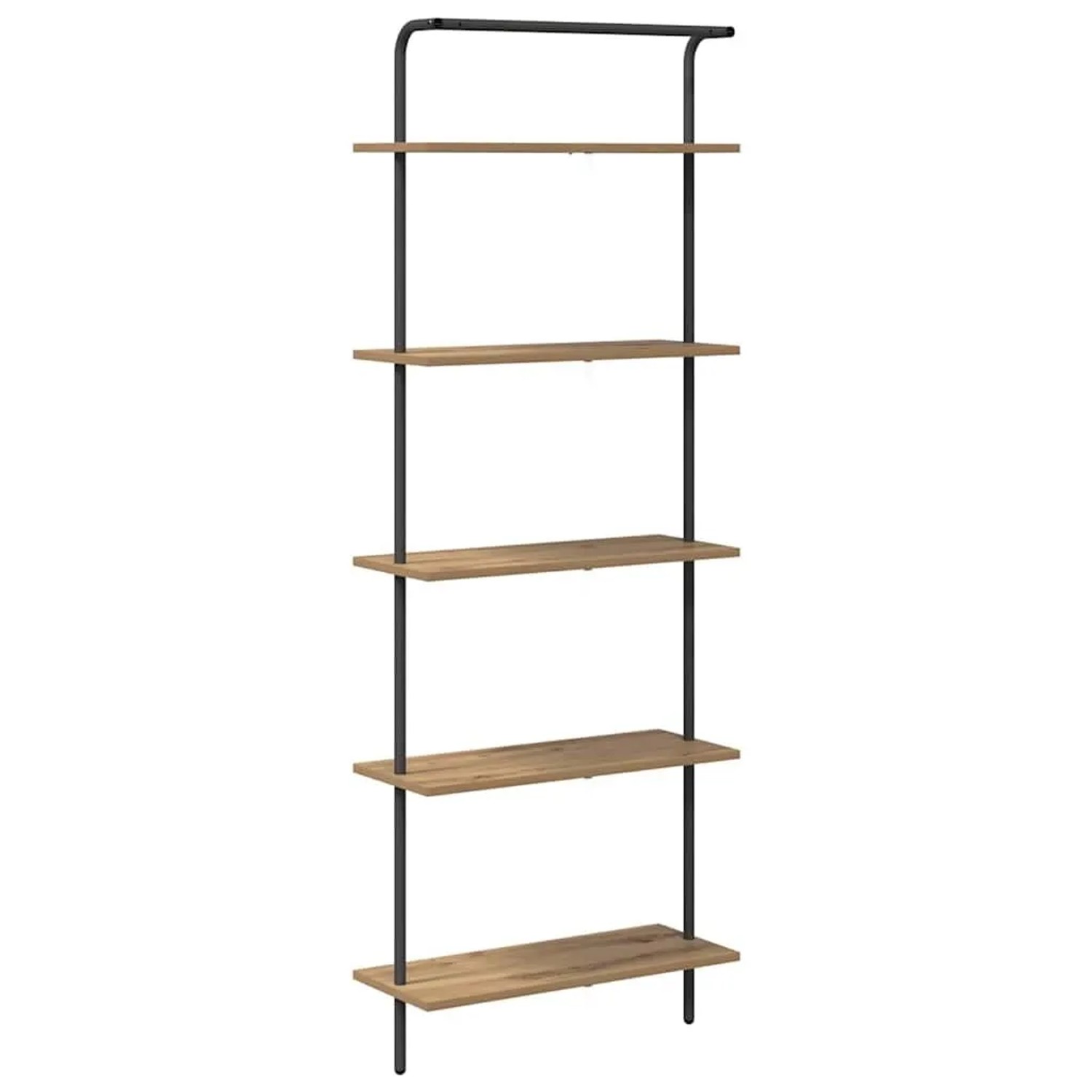 Modernes Bücherregal Artisan-Eiche mit 5 Holzwerkstoff-Regalen und schwarzem Stahlgestell, freistehend.