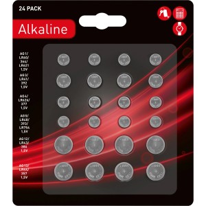 Knopfzellen-Set, 24-teilig mit verschiedenen Typen für Uhren, Taschenrechner und Spielzeug.