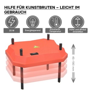 Orange Fudajo Küken-Wärmeplatte 25x30cm mit 20W, höhenverstellbaren Beinen und Temperaturregler für Kükenaufzucht.