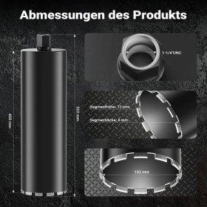 Wiltec Diamantbohrkrone Ø152mm, 450mm Länge, 1¼ UNC Gewinde. Zeigt Maße für Betonbohrungen.