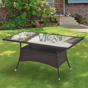 Brauner Outsunny Gartentisch aus Polyrattan mit Glasplatte, 150x85x74cm.