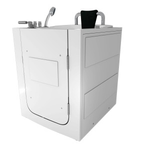 AquaVapore Senioren-Badewanne mit Tür, Sitz und Whirlpool-Funktion. Rechteckige, weiße Wanne mit Armaturen und Nackenstütze.