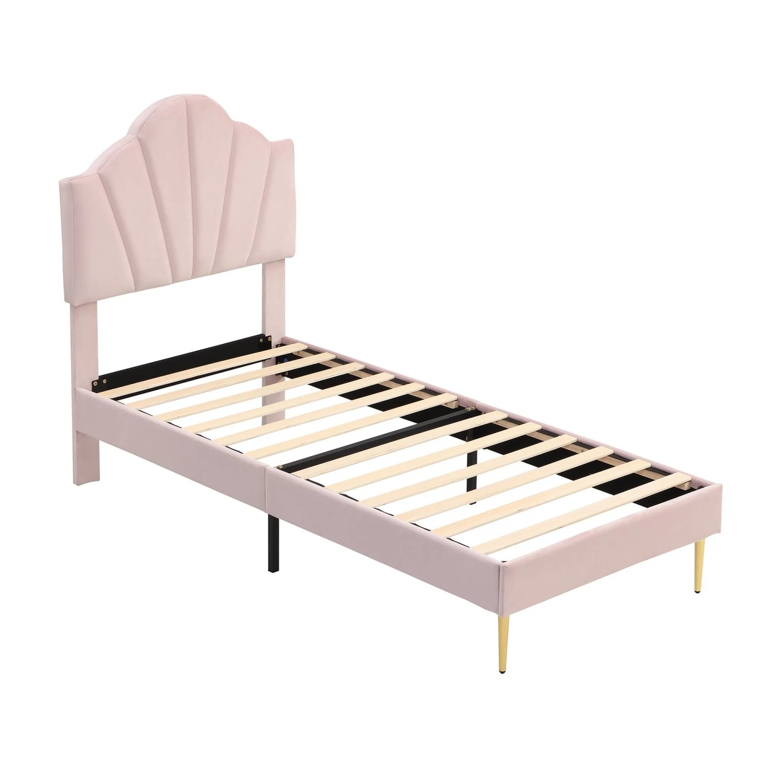 Merax Polsterbett 90x200 Muschelbett Höhenverstellbares Kopfteil Goldene Metallbeine Rosa