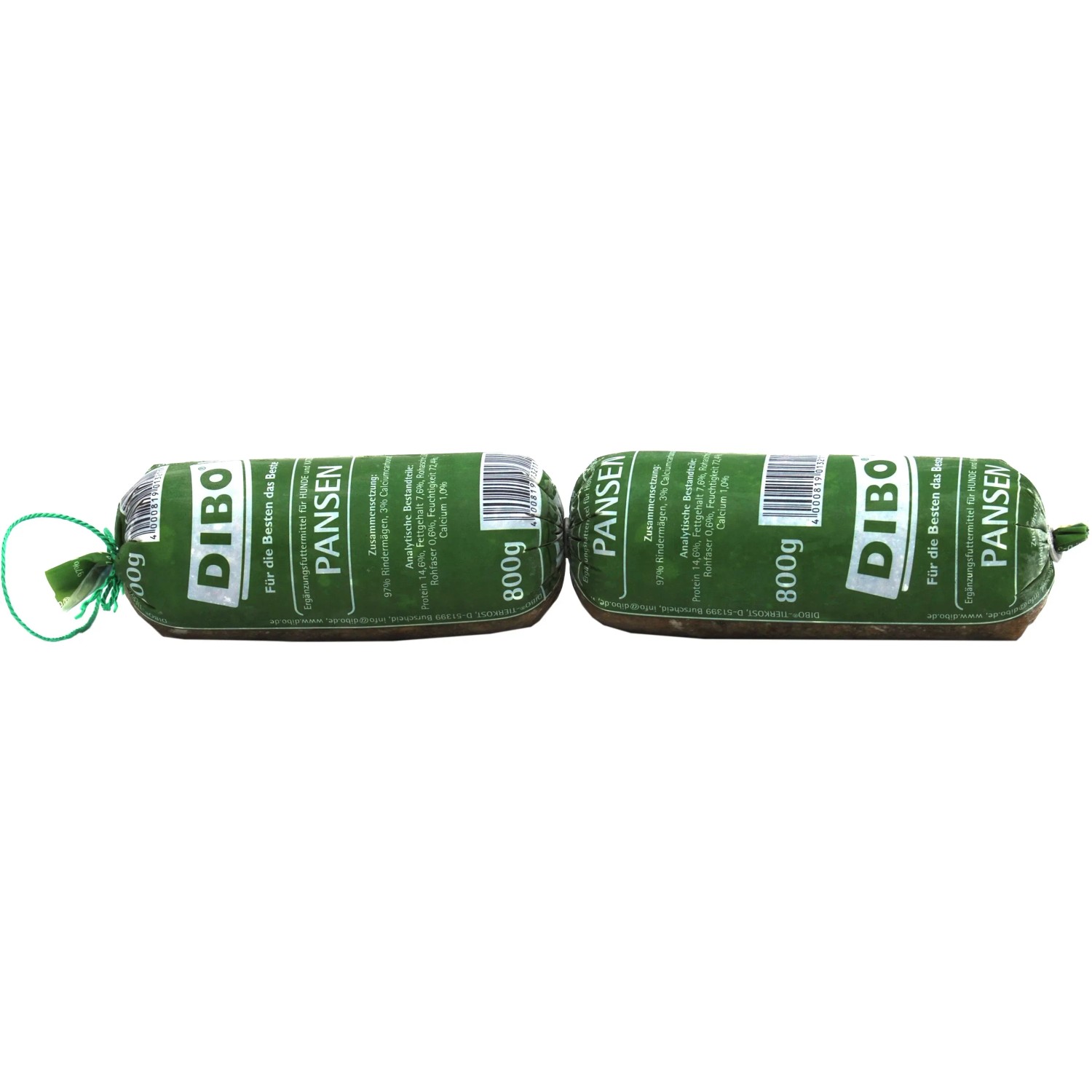 Dibo Hunde-Barf Tiefkühlwurst Pansen, 2x400g, im grünen Wurst-Design.