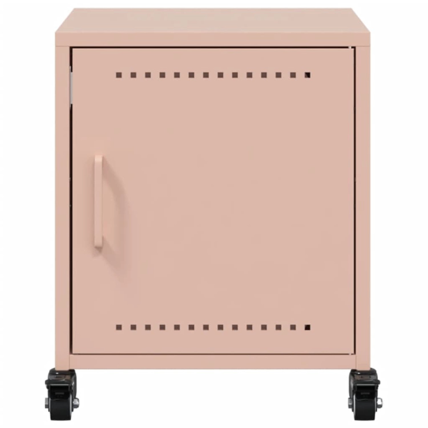 Rosa Nachttisch aus Stahl (2er-Set) mit Tür und Rollen.