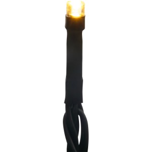 Detailaufnahme: Warmweiße LED einer Lichterkette für Außen, schwarzes Kabel.