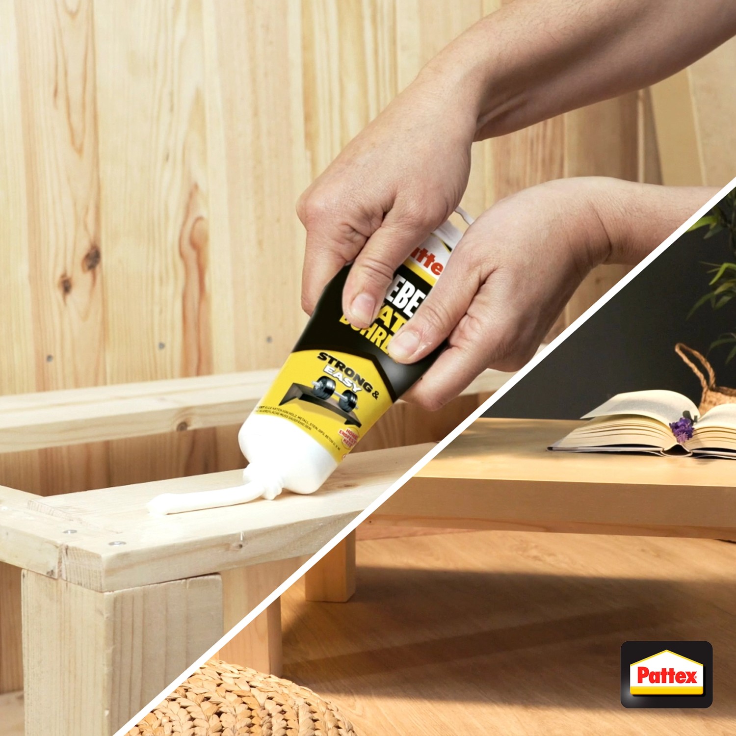Anwendung von Pattex Montagekleber aus Tube auf Holz, Kleben statt Bohren.