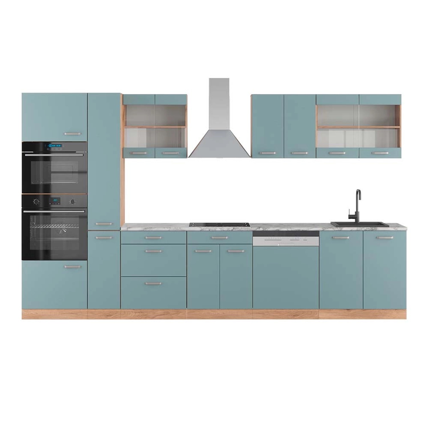 Vicco R-Line Küche Blau-Grau/Goldkraft Eiche 350 cm mit HochschrankAP Marmo günstig online kaufen