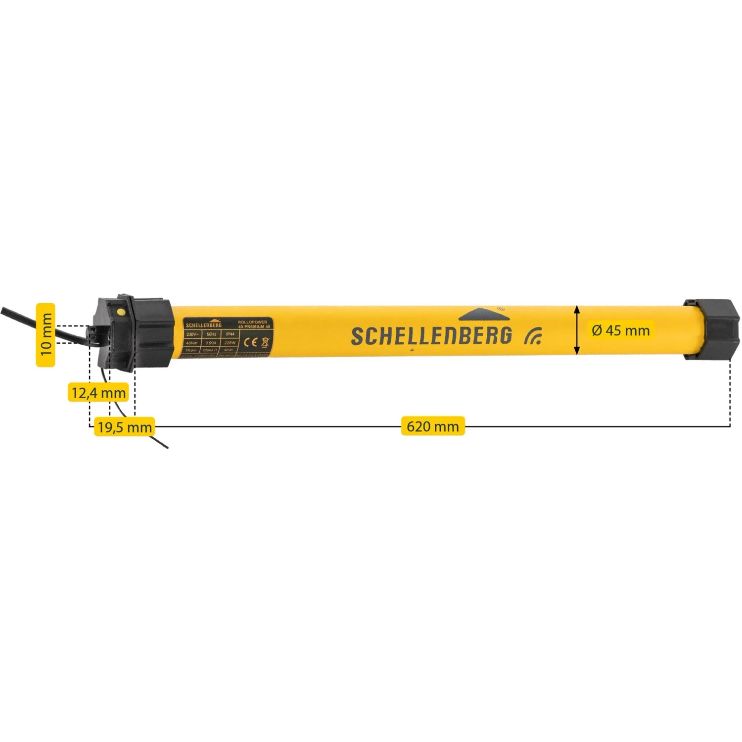 Schellenberg Funk-Rolladenmotor Maxi Premium, 40 Nm, gelb, mit Maßangaben.