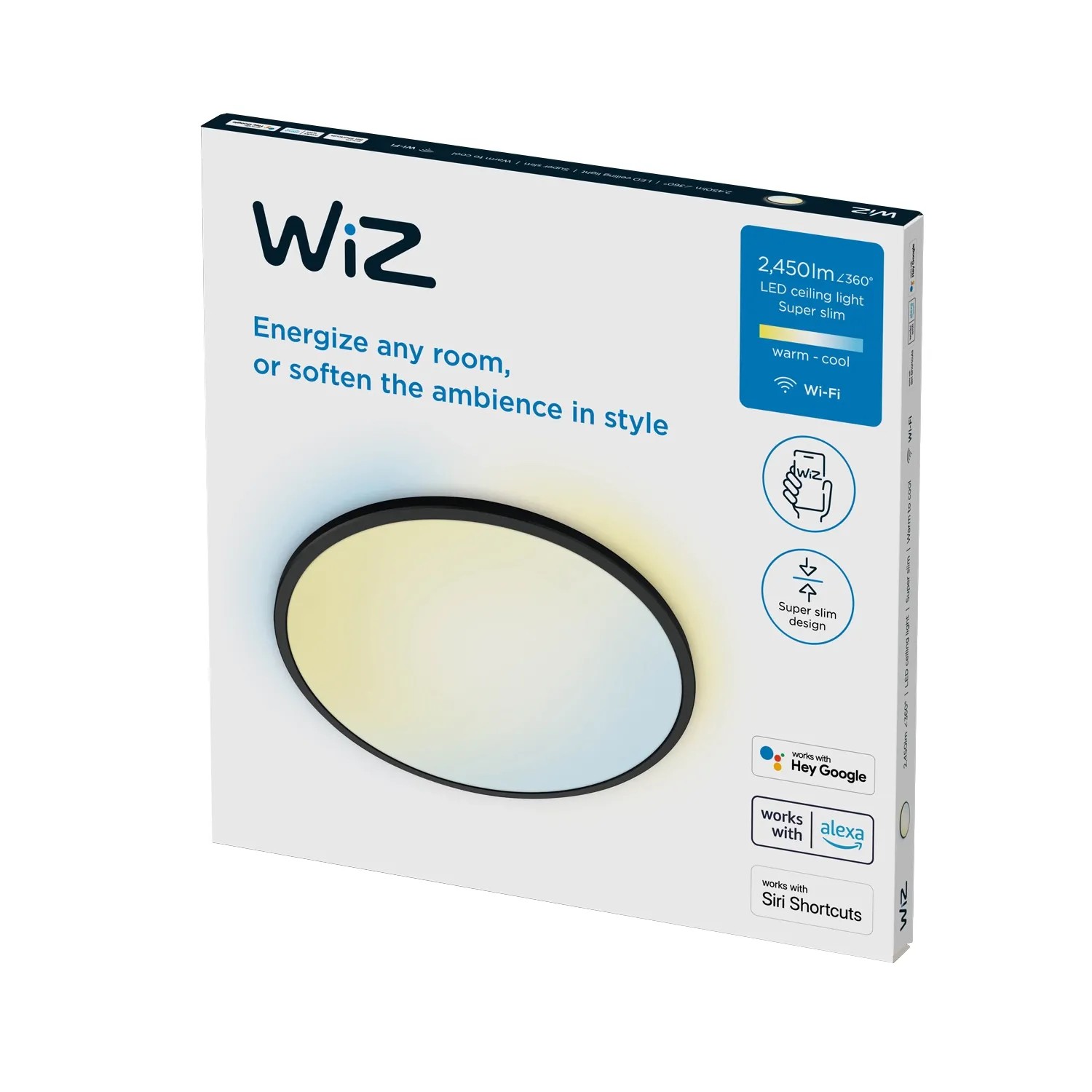 Verpackung der schwarzen WiZ LED-Deckenleuchte SuperSlim, dimmbar, Ø 43cm.