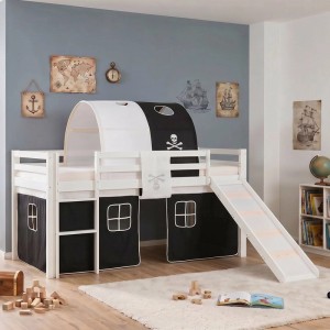 Weißes Homestyle4u Hochbett 90x200 mit Piraten-Tunnel, Rutsche und schwarzem Vorhang. Stabiles Kinder-Abenteuerbett aus Holz.