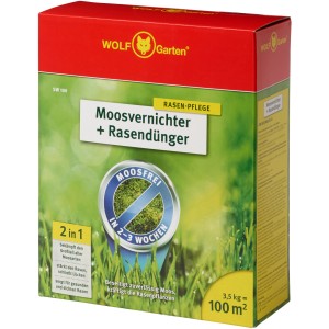 Verpackung Wolf-Garten Moosvernichter + Rasendünger 2in1 SW 100, 3,5 kg für ca. 100 m² Rasenfläche.