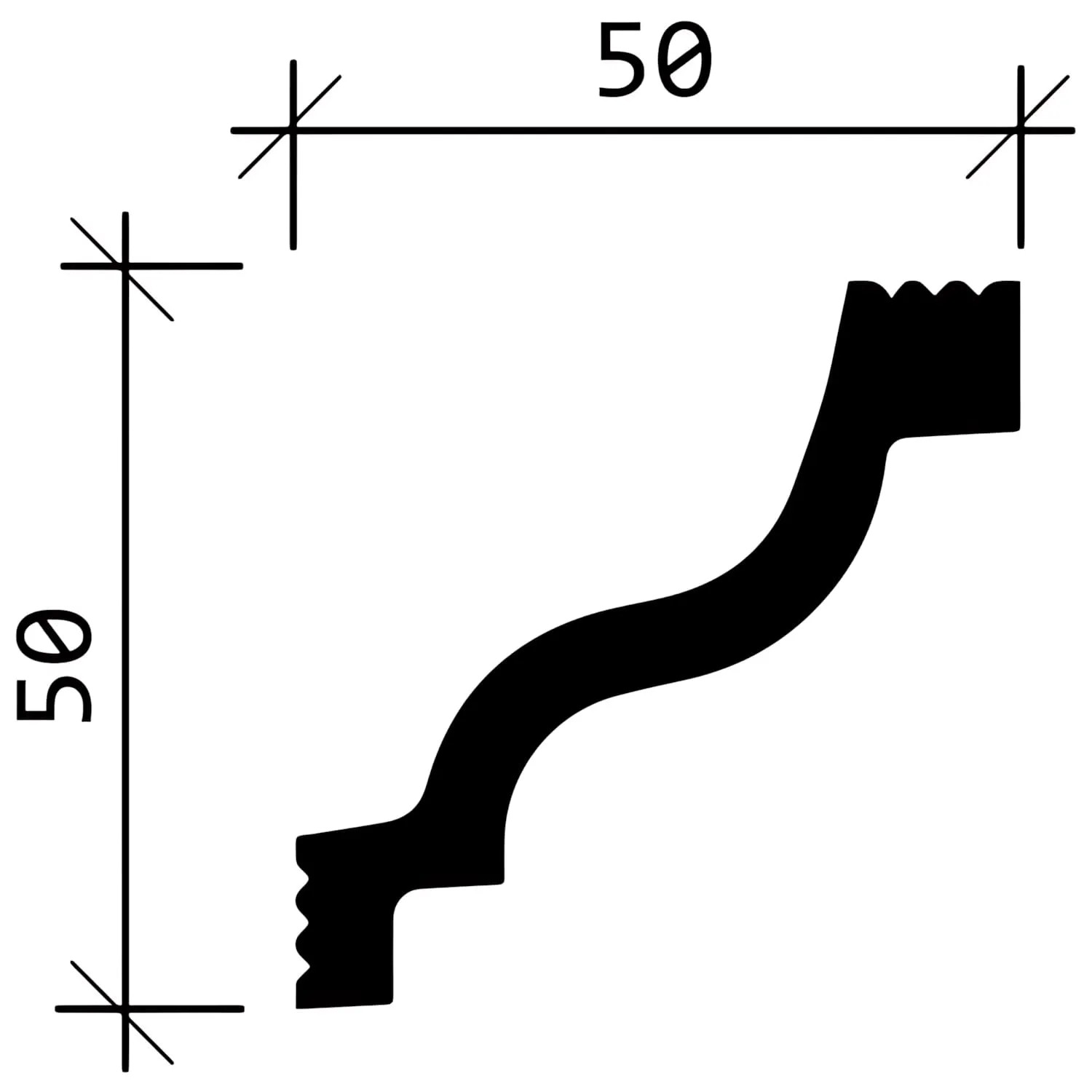 Profilansicht einer weißen PROFHOME Eckleiste (50x50mm) im Neo-Klassizismus Stil mit Maßangaben.