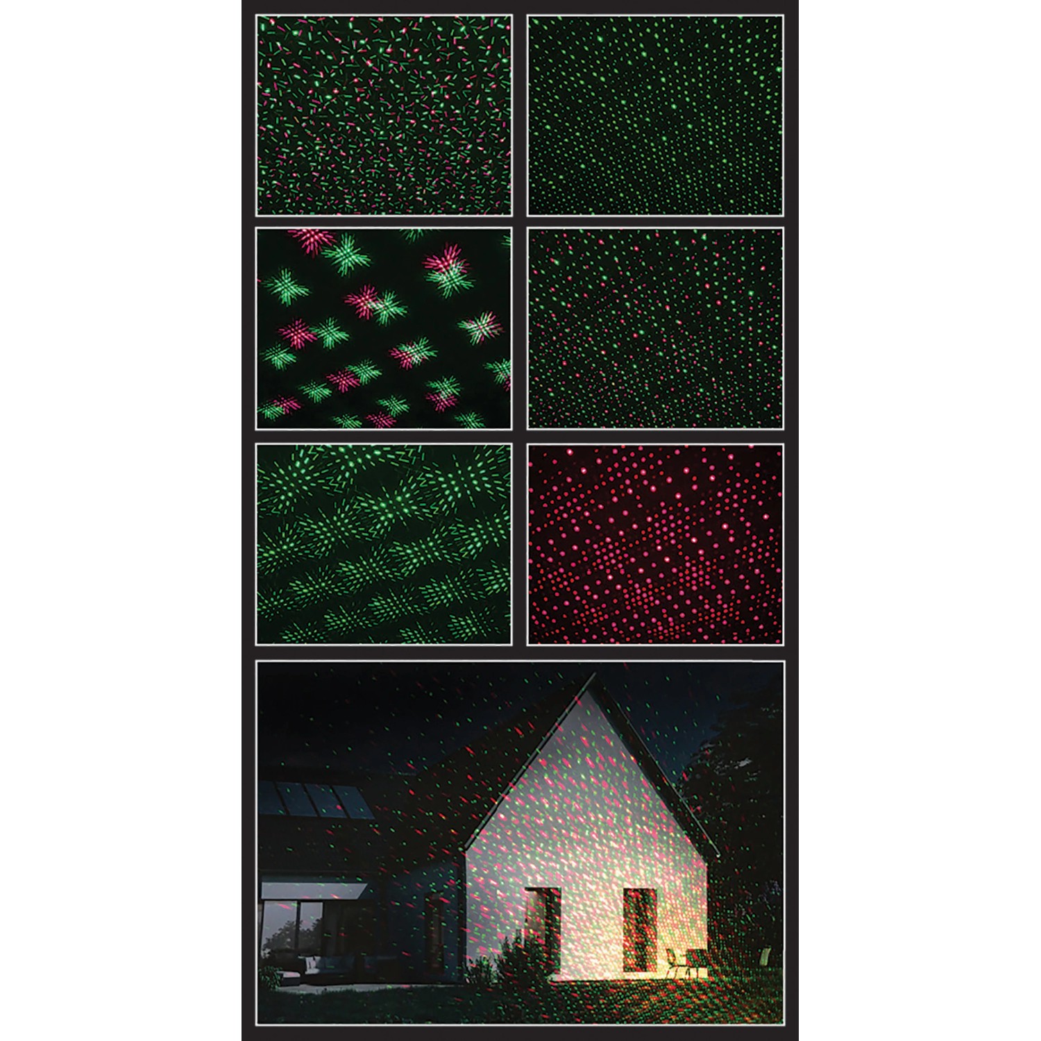 Näve LED Außenwandlaser Projektor, schwarz, projiziert rot-grüne Punkte auf ein Haus.