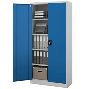 DELUKE Aktenschrank KADO, grau-blau, mit geöffneter Tür und Ordnern. Abschließbarer Büroschrank.