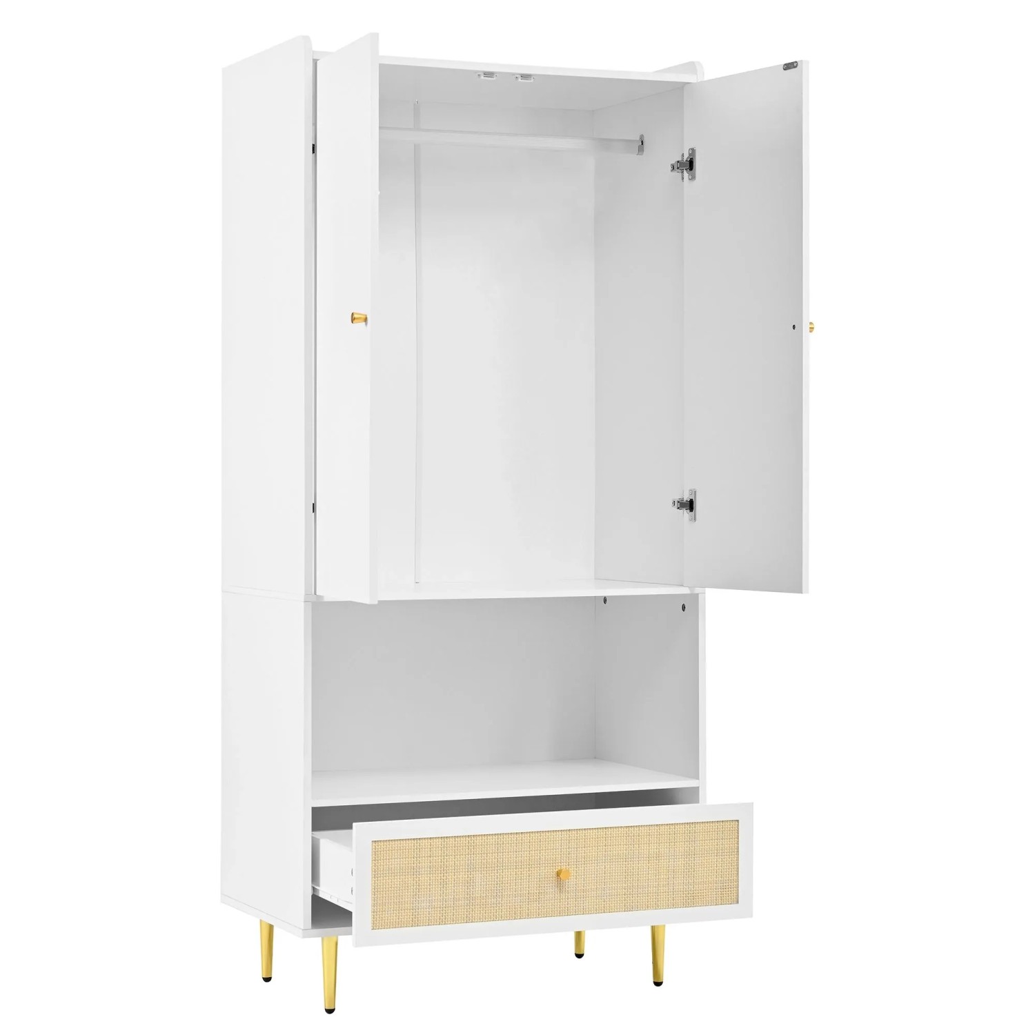 okwish Kleiderschrank mit 2 Türen Rattanschublade Kleiderstange Schlafzimmer 80x175x48cm Weiß
