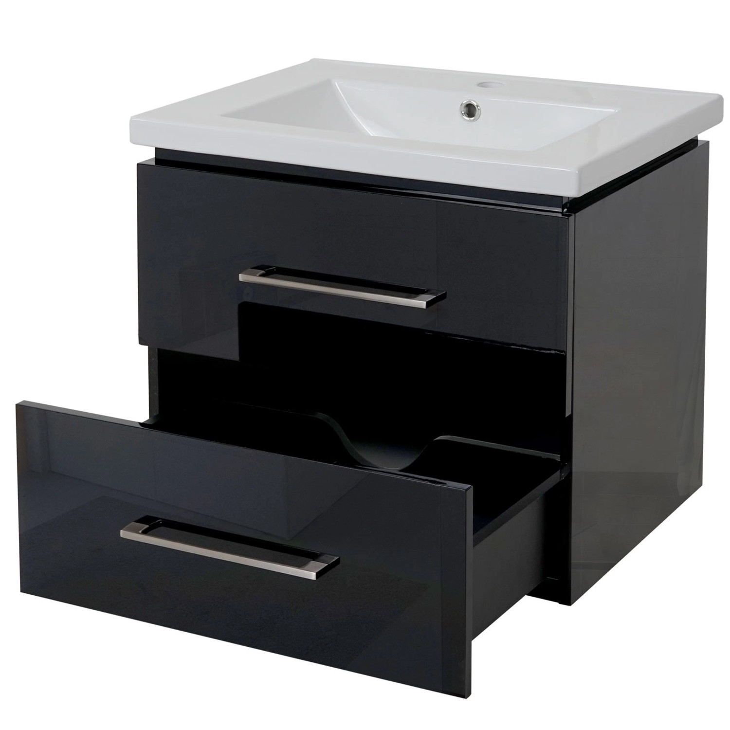 Schwarzer MCW Waschbeckenunterschrank mit Keramik-Waschbecken, 60cm, zwei Schubladen.