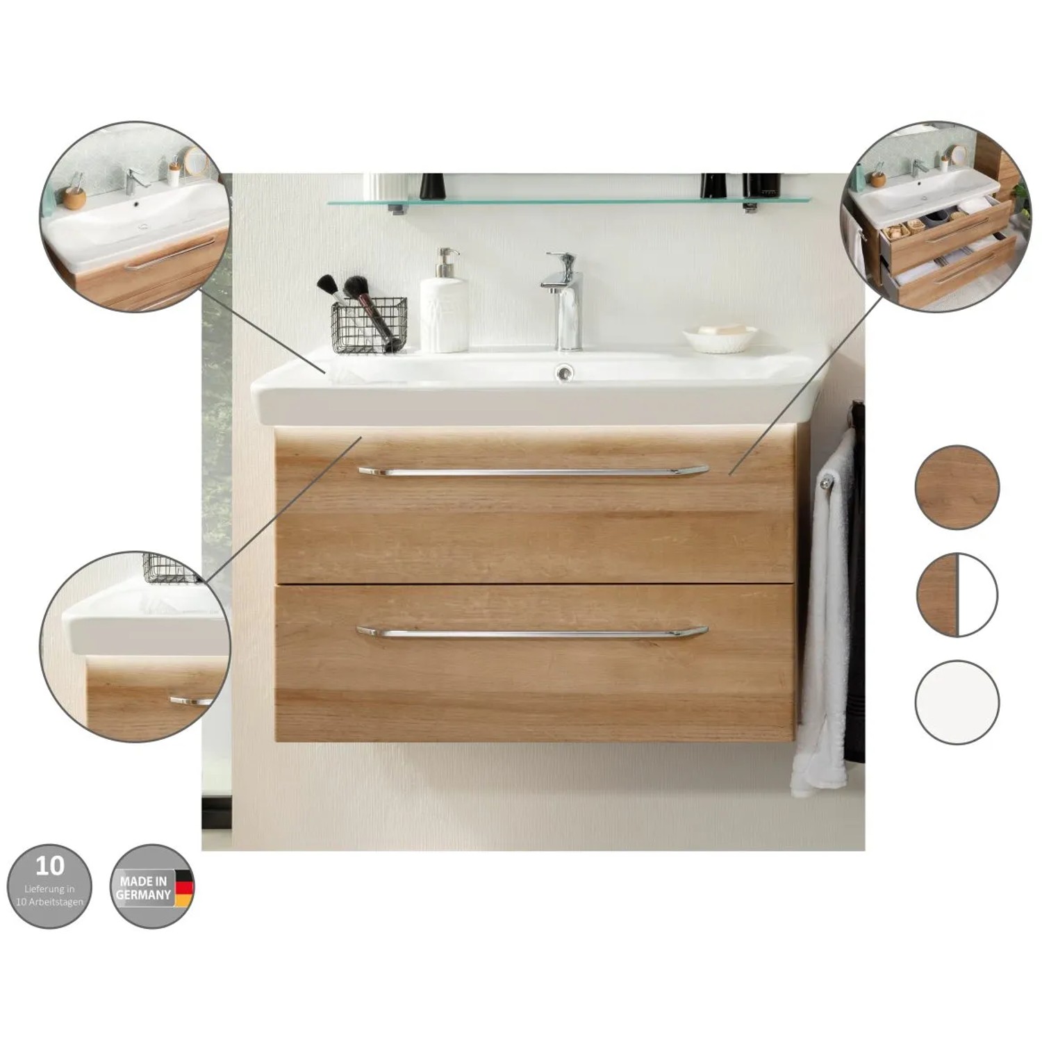 Fackelmann Waschbeckenunterschrank Milano Asteiche, 100 cm breit, mit zwei Schubladen und Softclose.