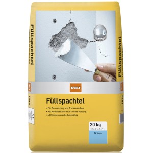 Sack OBI Füllspachtel Weiß 20kg, geeignet für Wand- und Deckenreparaturen im Innenbereich.