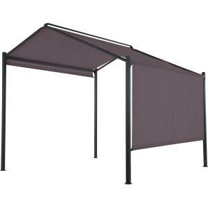 Anthrazitfarbener Stahl-Pavillon Bacliff 3x3m mit Seitenvorhang für Sonnenschutz.