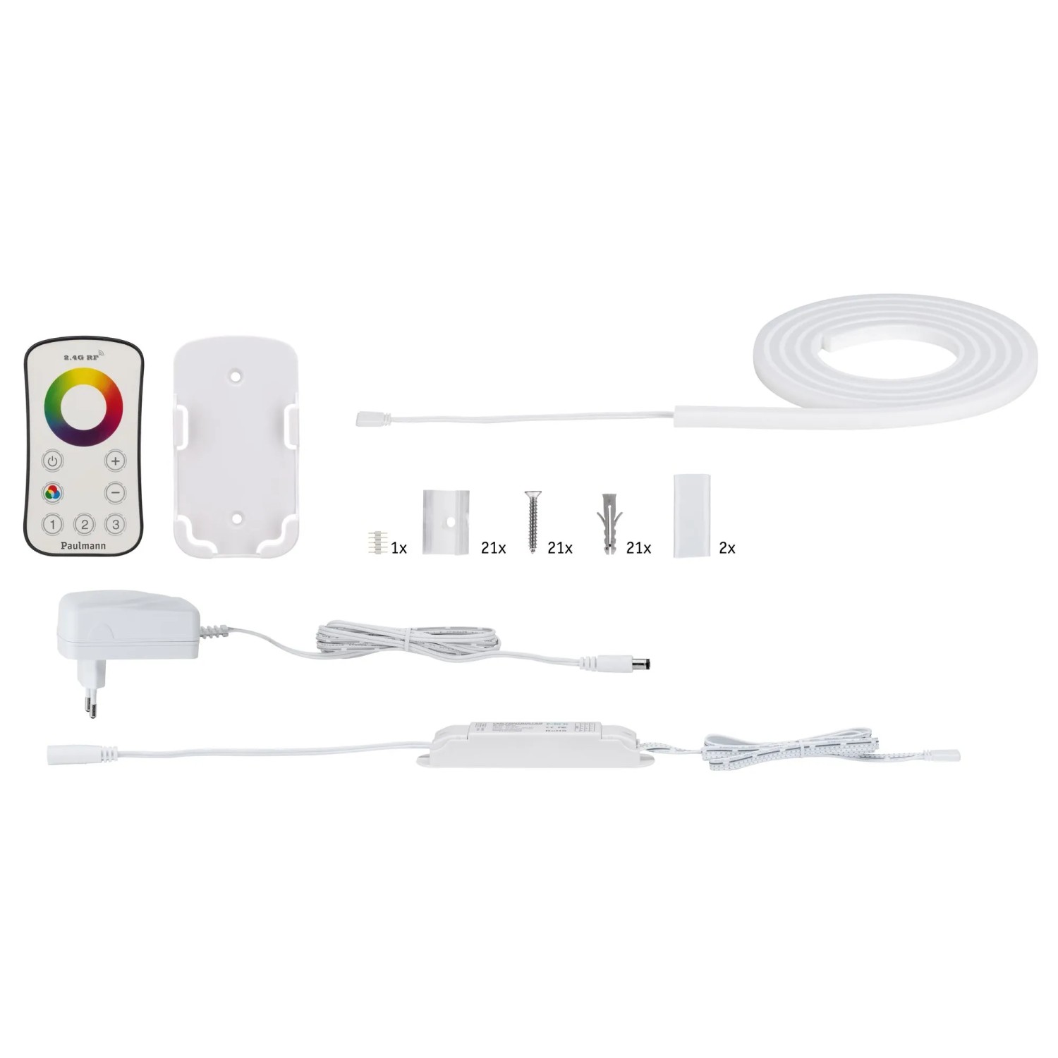 Paulmann MaxLED Flow RGB Set (1,5m) mit Fernbedienung, Netzteil und Zubehör.