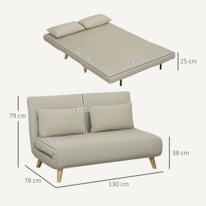 Beiges 3-in-1 Schlafsofa (130x78 cm) als Sofa und Bett mit Maßen dargestellt.