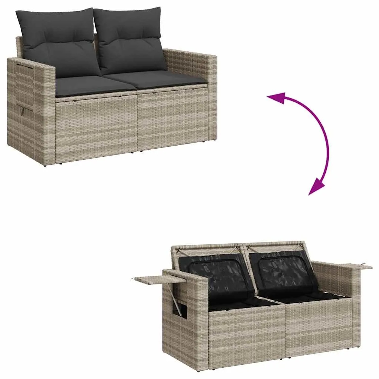 Hellgraue 8-tlg. vidaXL Garten-Sofagarnitur aus Polyrattan mit Kissen und Staufächern.